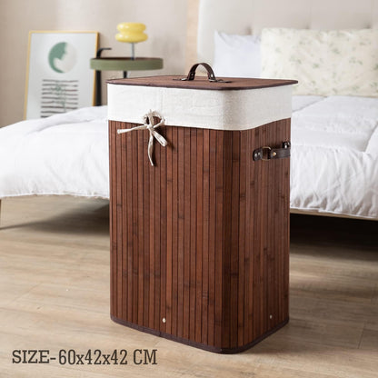 Eco-Friendly Foldable Bamboo Laundry Basket Hamper with Lid, Large - 81 Liter, Coffee Brown