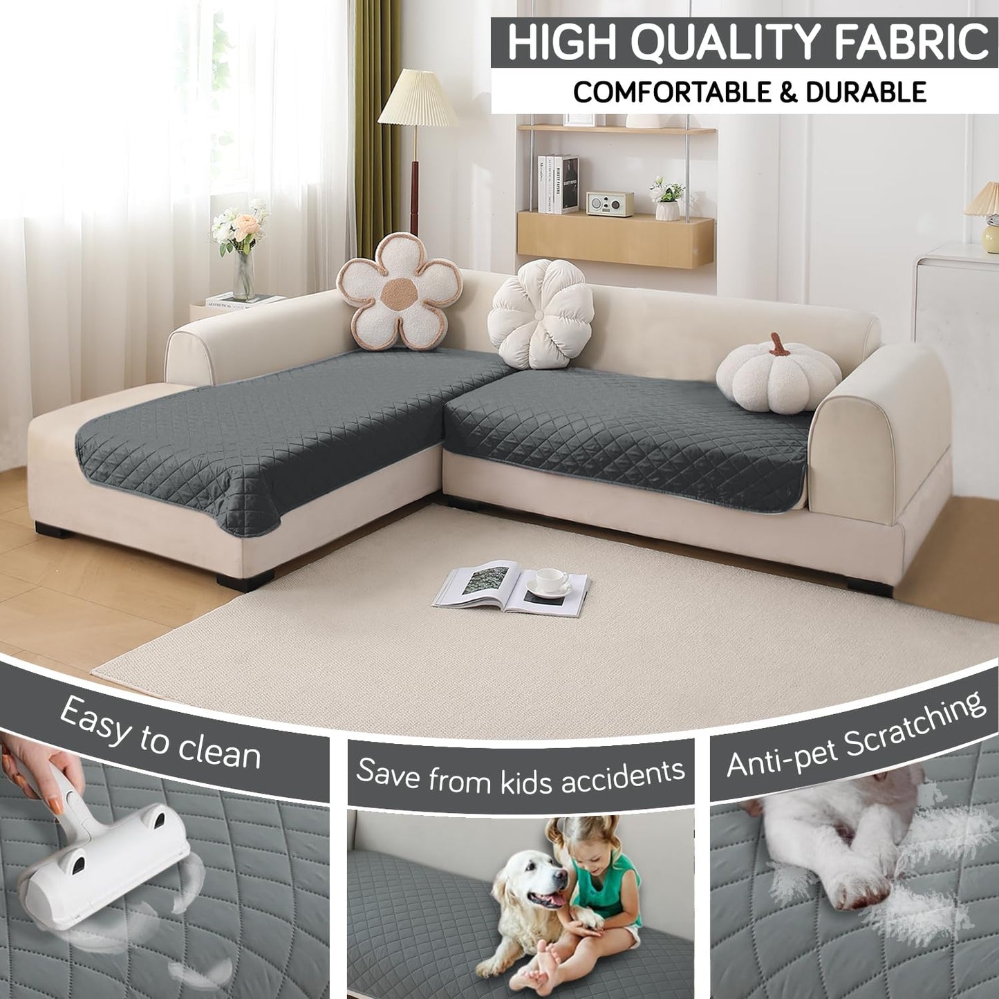 HOKIPO Waterproof Quilted Quick Dry L Shape Sofa Seat Cover Mat, Dark Grey
