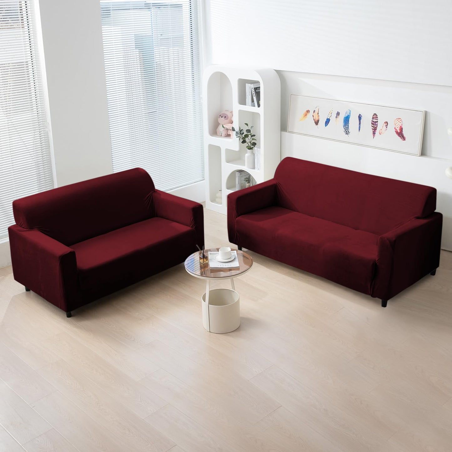 Burgundy premium elastic stretchable velvet sofa cover​ for 3 2 seater​ sofa