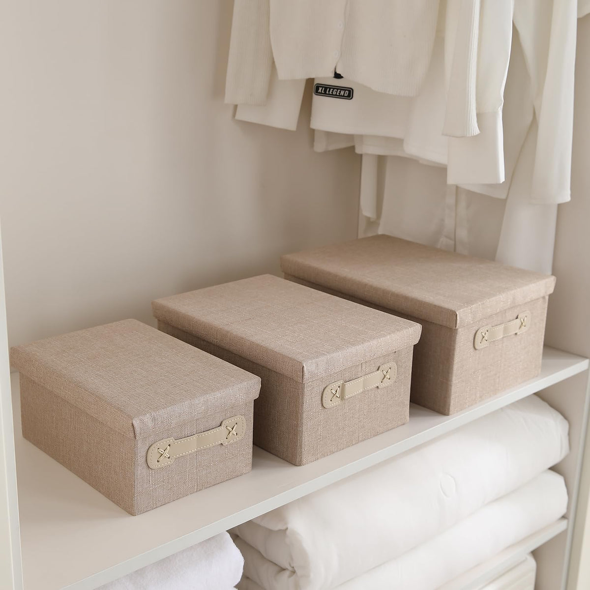 Organisers Storage Box with Lid, Beige, Pack of 2