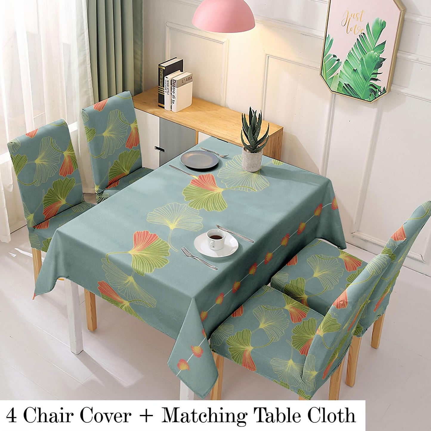 Polyester Dining Chair Covers Set of 4/6 with Matching Tablecloth, Ginkgo Blue Storm
