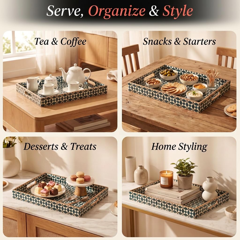 HOKIPO Serving Tray Set of 3, Engineered Wood, Moroccan Prism - image 4