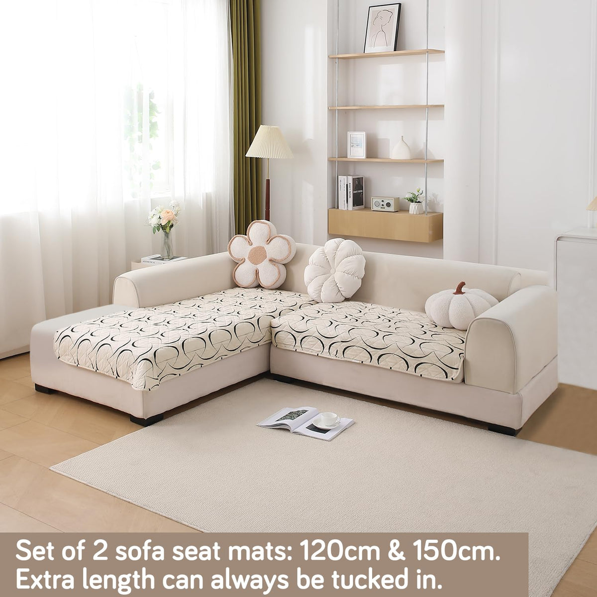 Waterproof Printed Quilted Quick Dry L Shape Sofa Seat Cover Mat, Natural Beige Abstract Art