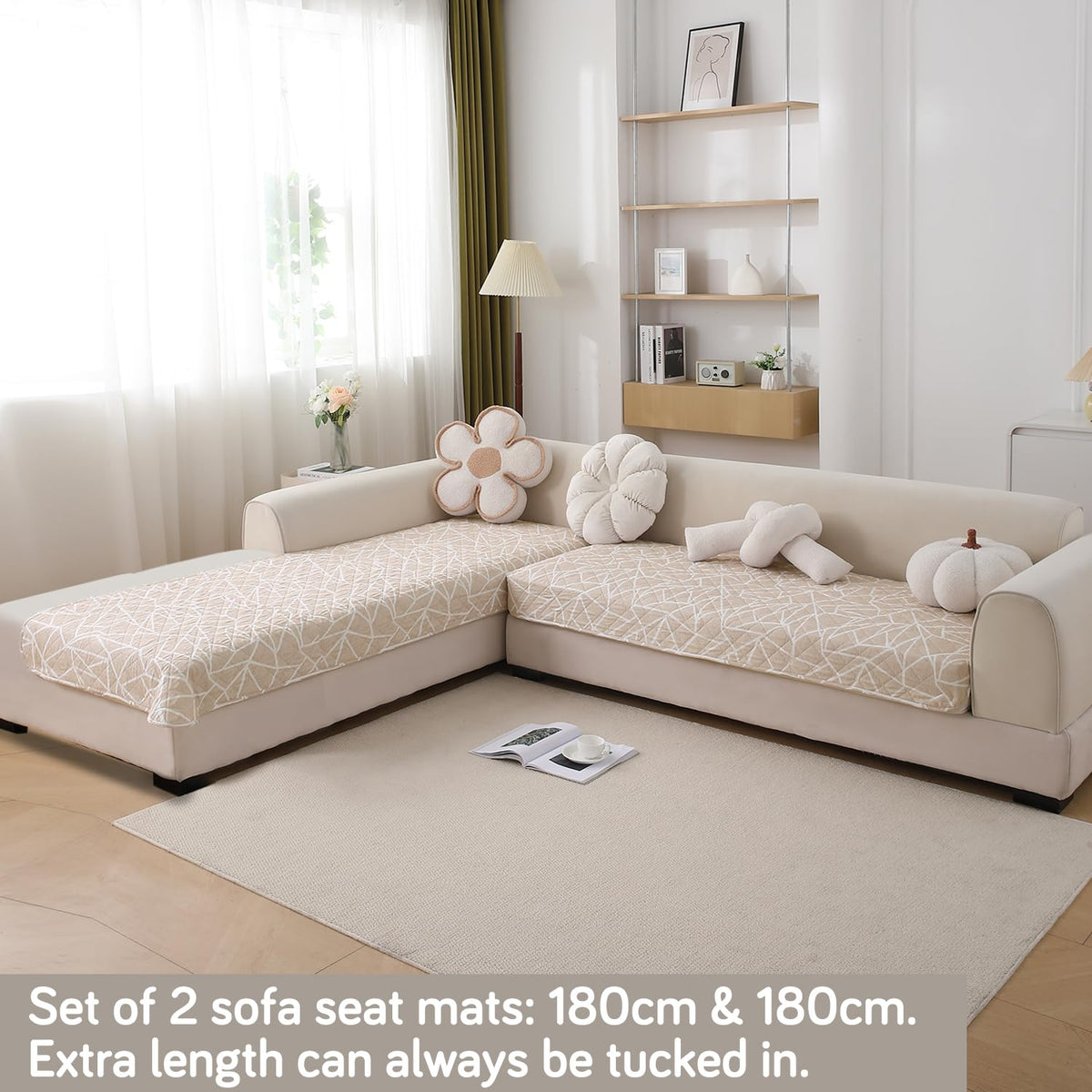 Waterproof Printed Quilted Quick Dry L Shape Sofa Seat Cover Mat, Beige Abstract Geometry