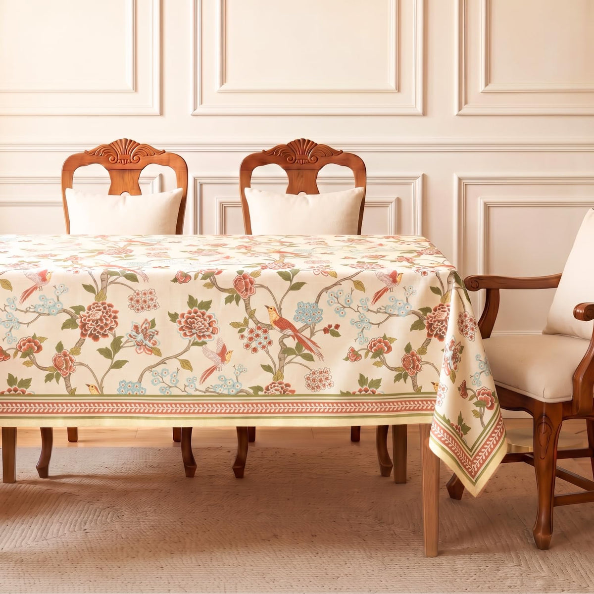 HOKIPO Bird Print 6 Seater Table Cover Cloth, Cream - image 1