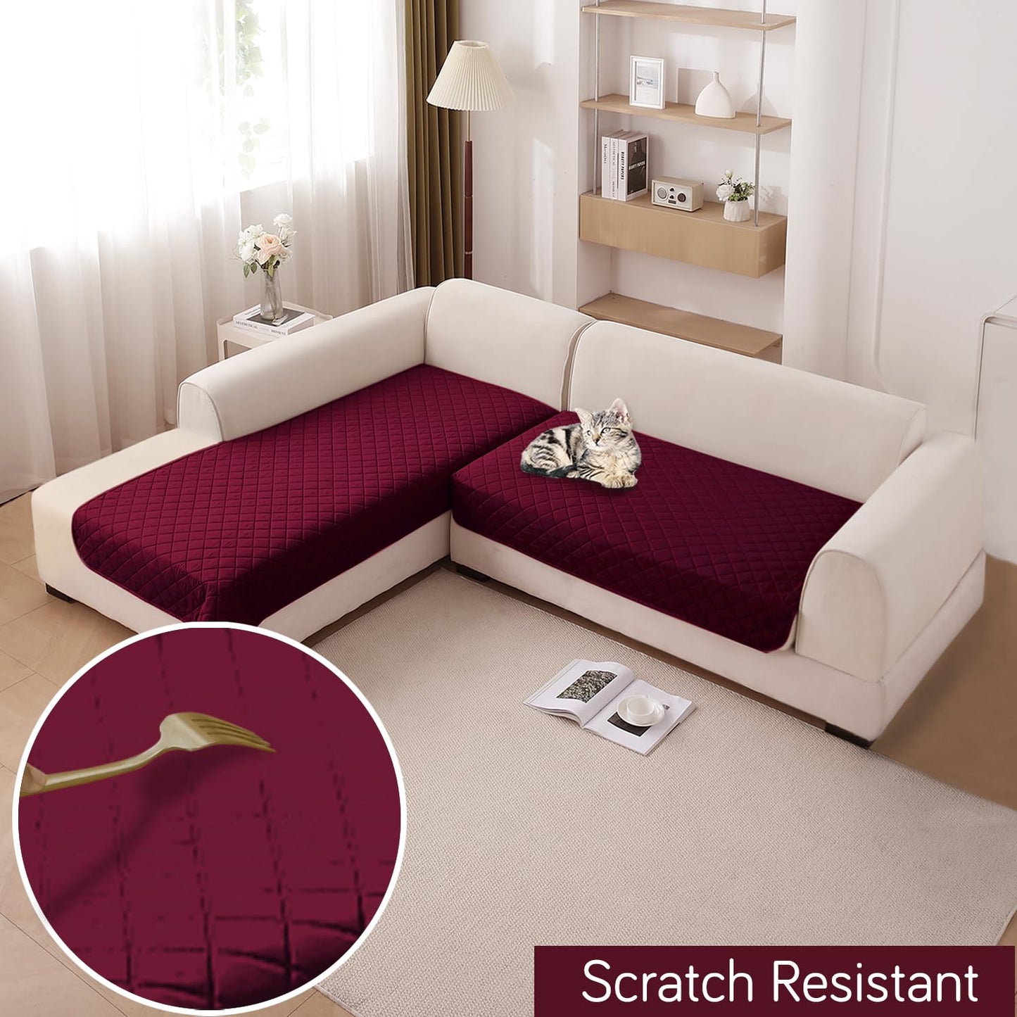HOKIPO Waterproof Quilted Quick Dry L Shape Sofa Seat Cover Mat, Burgundy
