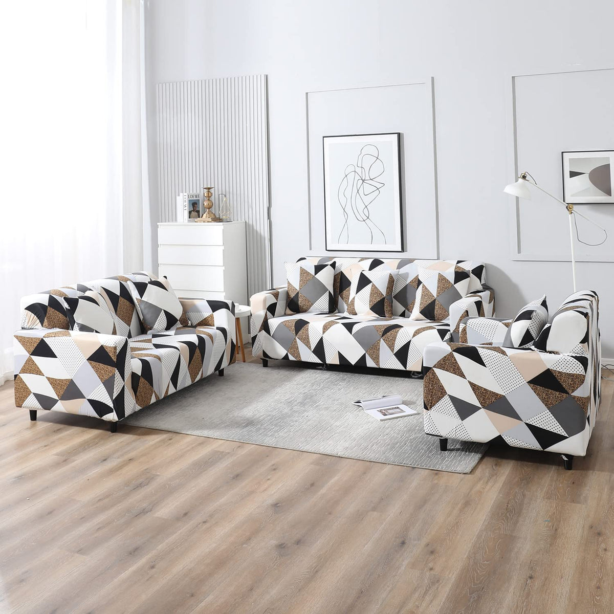 Grey Brown Geometric elastic sofa cover sets for 1,2,3,4,5 & 7 seater sofas