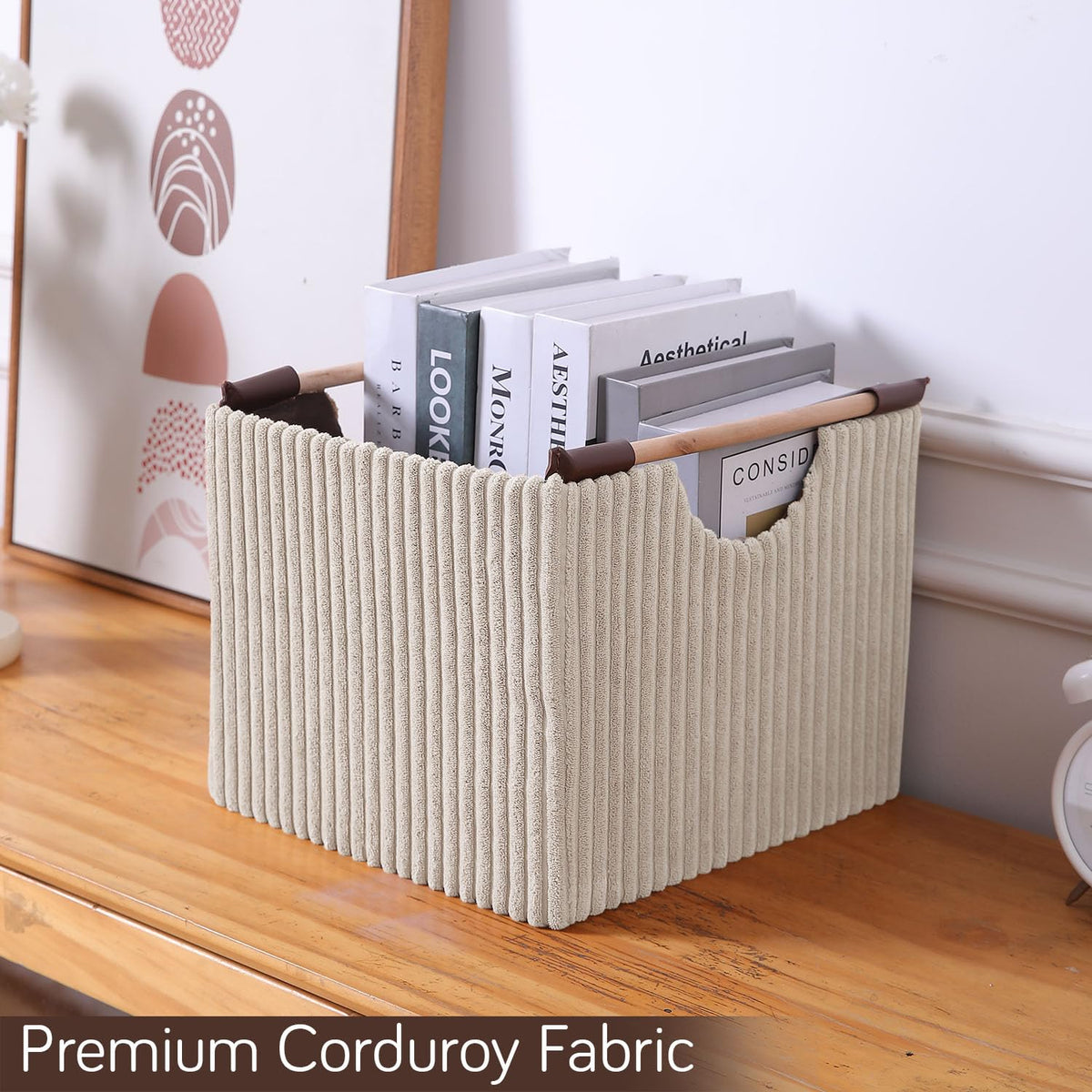 Premium Foldable Storage Bin with Wooden Handles | Corduroy Fabric Organizer Box for Wardrobe, Books, Clothes & Misc Items, Cream