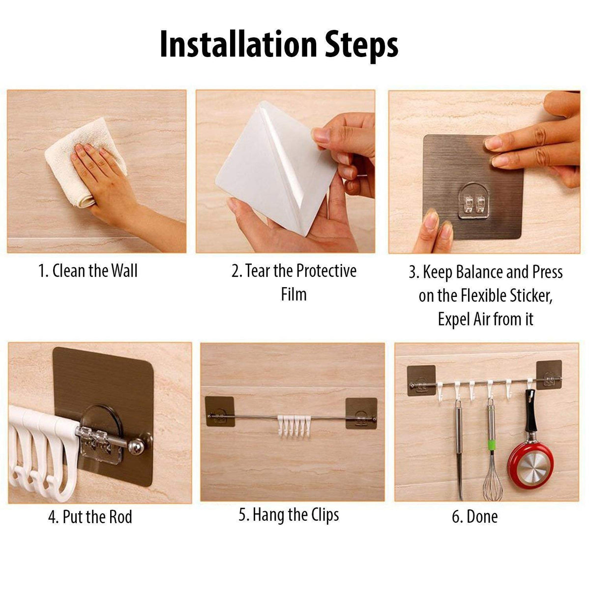 Magic Sticker Series Self Adhesive Chrome Plated Metal Hook Rail Bar for Kitchen and Bathroom, Silver
