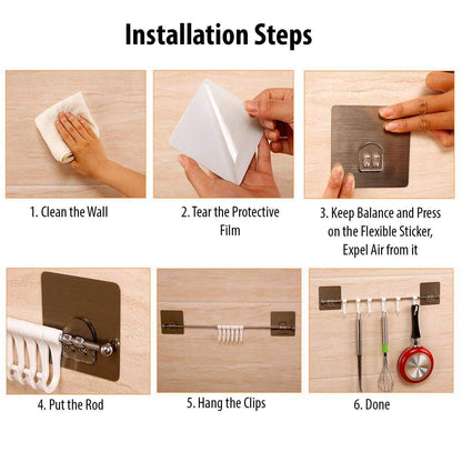 Magic Sticker Series Self Adhesive Chrome Plated Metal Hook Rail Bar for Kitchen and Bathroom, Silver