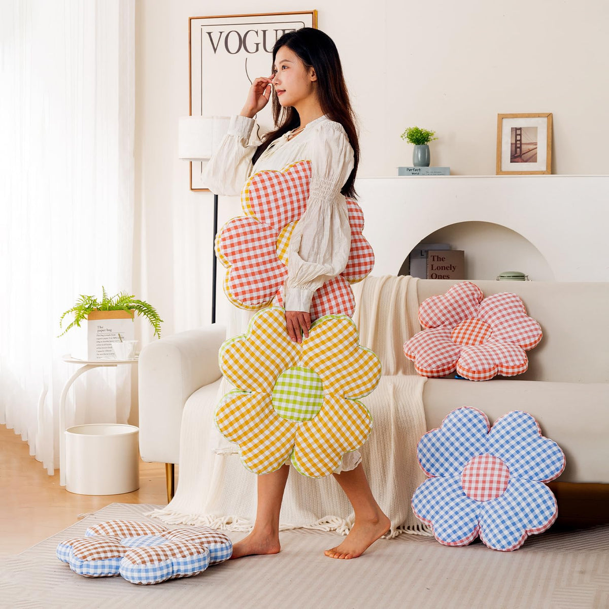 HOKIPO Checkered Daisy Flower Cushion for Sofa & Bed, 49 cm, Red