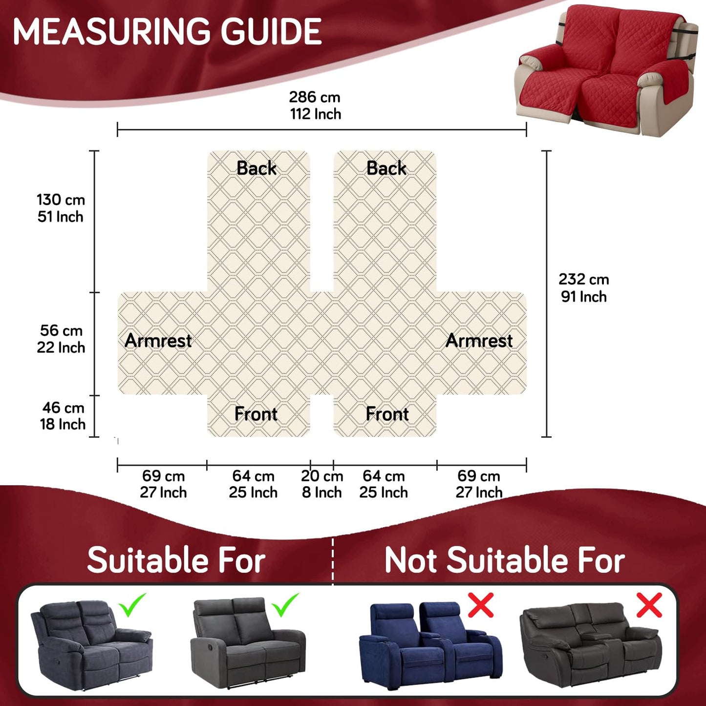 UrbanQuilt Recliner Sofa Slipcover Mat with Dual Belt for 1/2/3 Seater - Scarlet Red