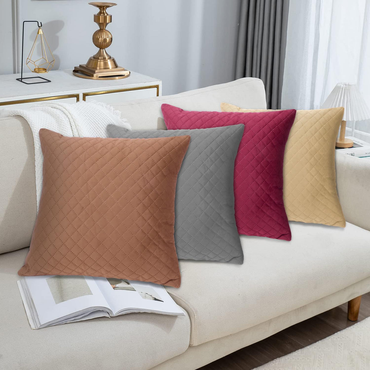 Buy Stylish Russet Brown Colour Cute Zippered Square Quilted Velvet Cushion Covers