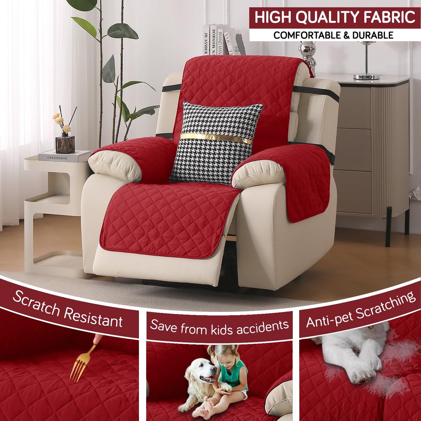 UrbanQuilt Recliner Sofa Slipcover Mat with Dual Belt for 1/2/3 Seater - Scarlet Red