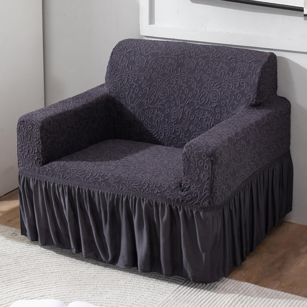 Elastic Stretchable Designer Woven Jacquard Sofa Cover with Frill, Abbey Grey