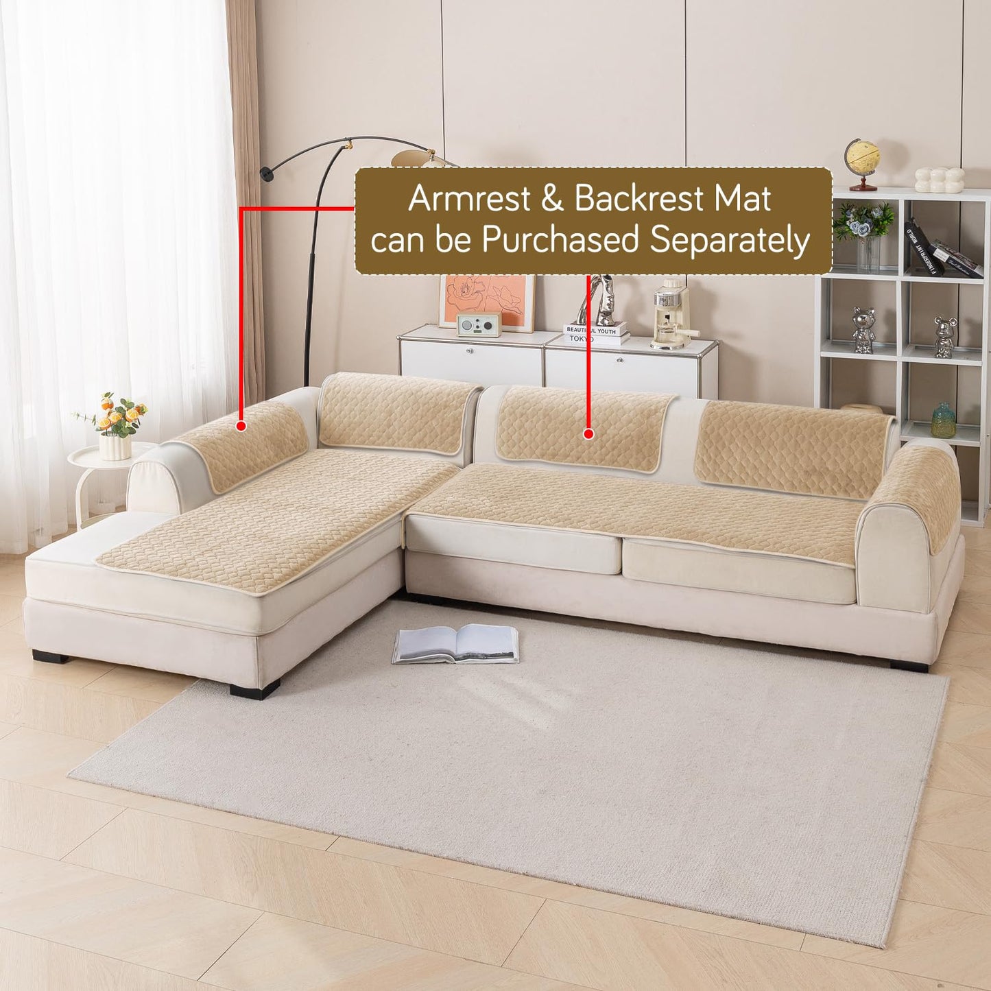 Diamond Plush Premium Quilted L Shape Sofa Cover Seat Mat, Beige