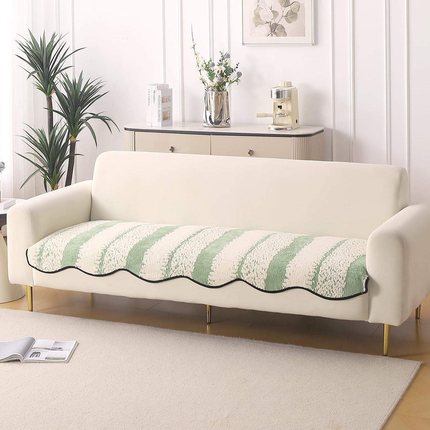 Luxury Wavy Anti Slip Plush Sofa Cover Mat, Pistachio Green