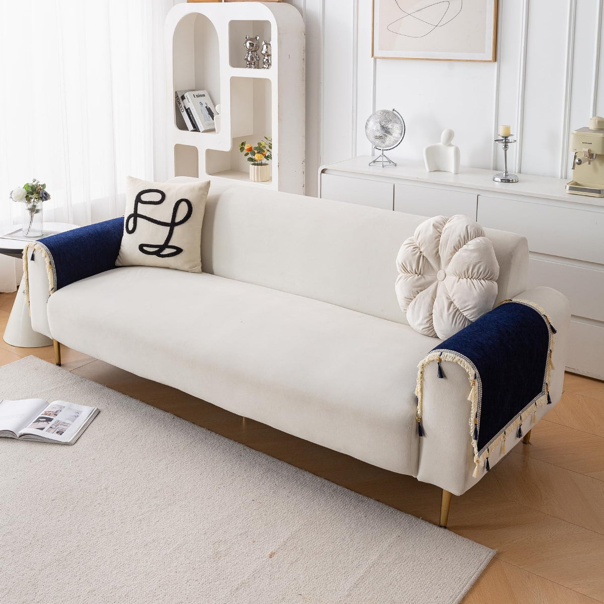 Serenity Tassel Chenille Sofa Cover with Tassel – Sapphire Navy