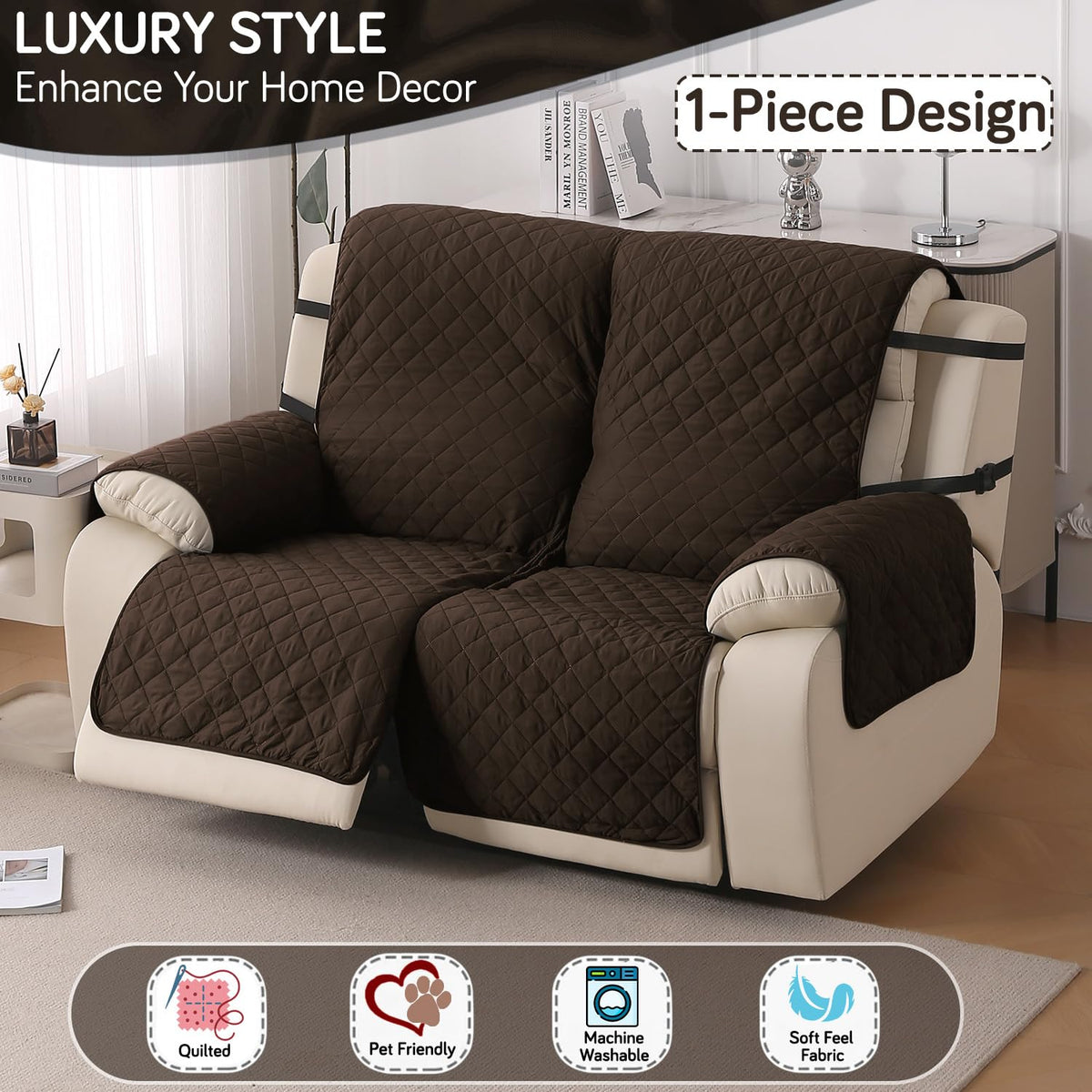 UrbanQuilt Recliner Sofa Slipcover Mat with Dual Belt for 1/2/3 Seater -  Chocolate Brown