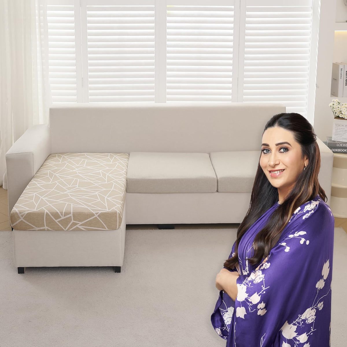140 GSM Stretchable Printed Elastic Sofa Cushion Seat Cover for 1 /2 /3 Seaters / Pieces for Sofa, Beige Abstract Geometry