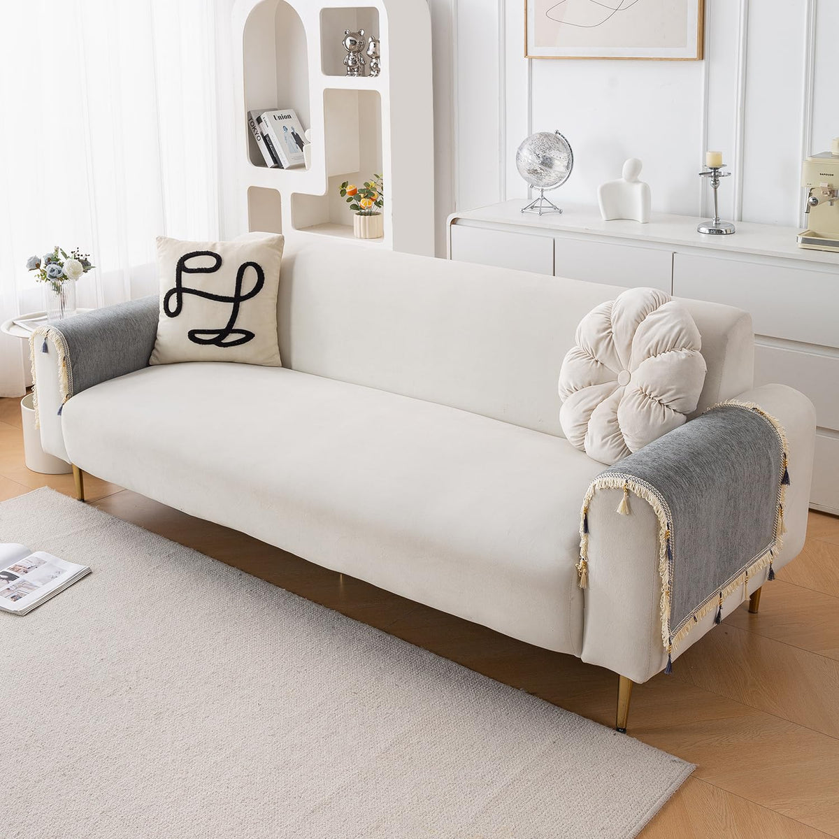 Serenity Tassel Chenille Sofa Cover with Tassel – Glacier Silver