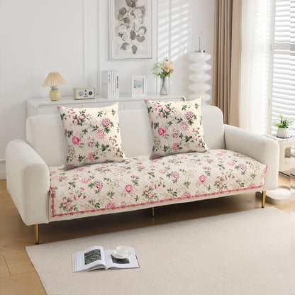 Beige Peonies Printed quilted 2 seater sofa cover​ 