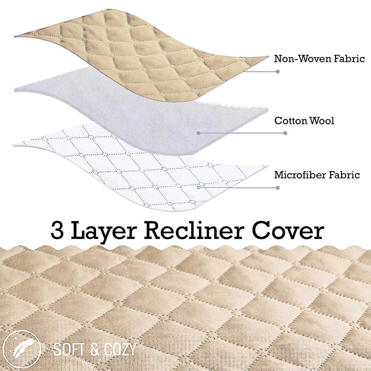 Quilted Recliner Chair Cover With Side Pockets for 1 Seater Sofa, Sand Brown