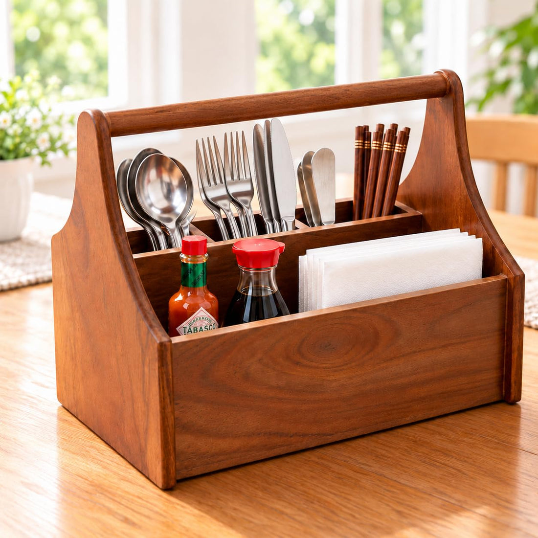 HOKIPO Arbor Acacia Wood Cutlery Caddy with Handle, 4 Compartment Organiser - image 1
