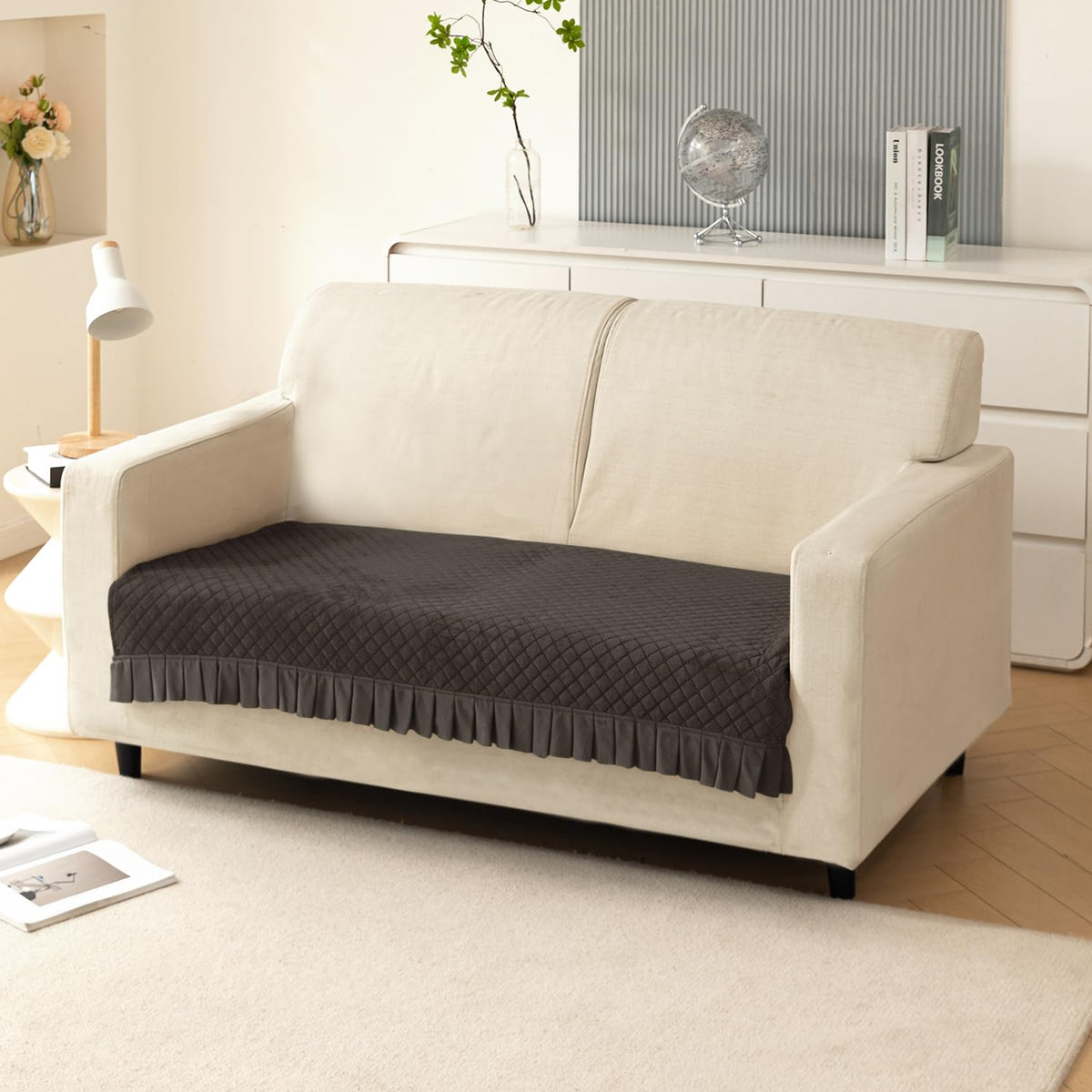 Holland Velvet Sofa Cover Seat Mat with Frill for 1/2/3 - Seater, Dark Grey