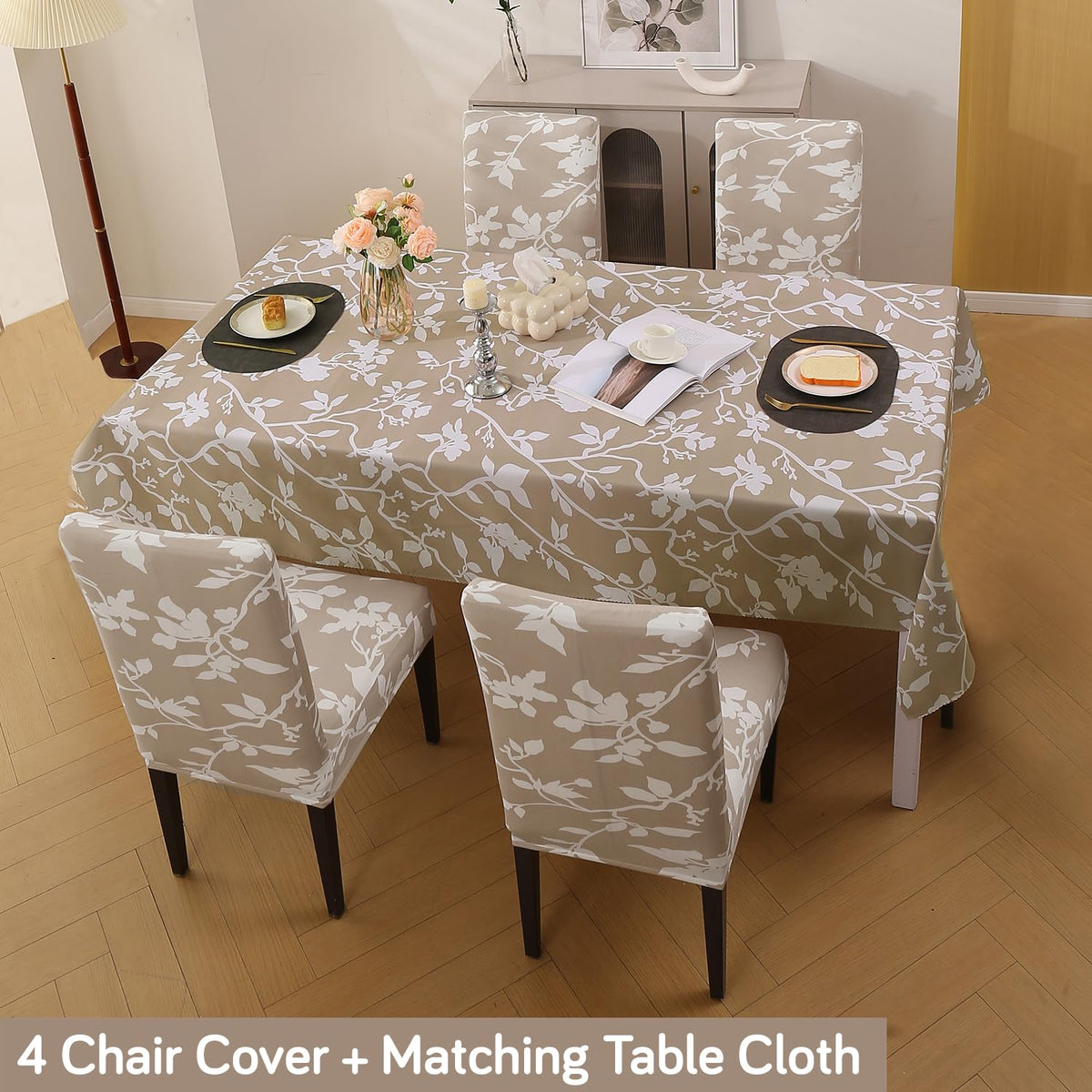 Elastic Dining Chair Covers with Matching Tablecloth, Buff Brown Sillehoute Floral