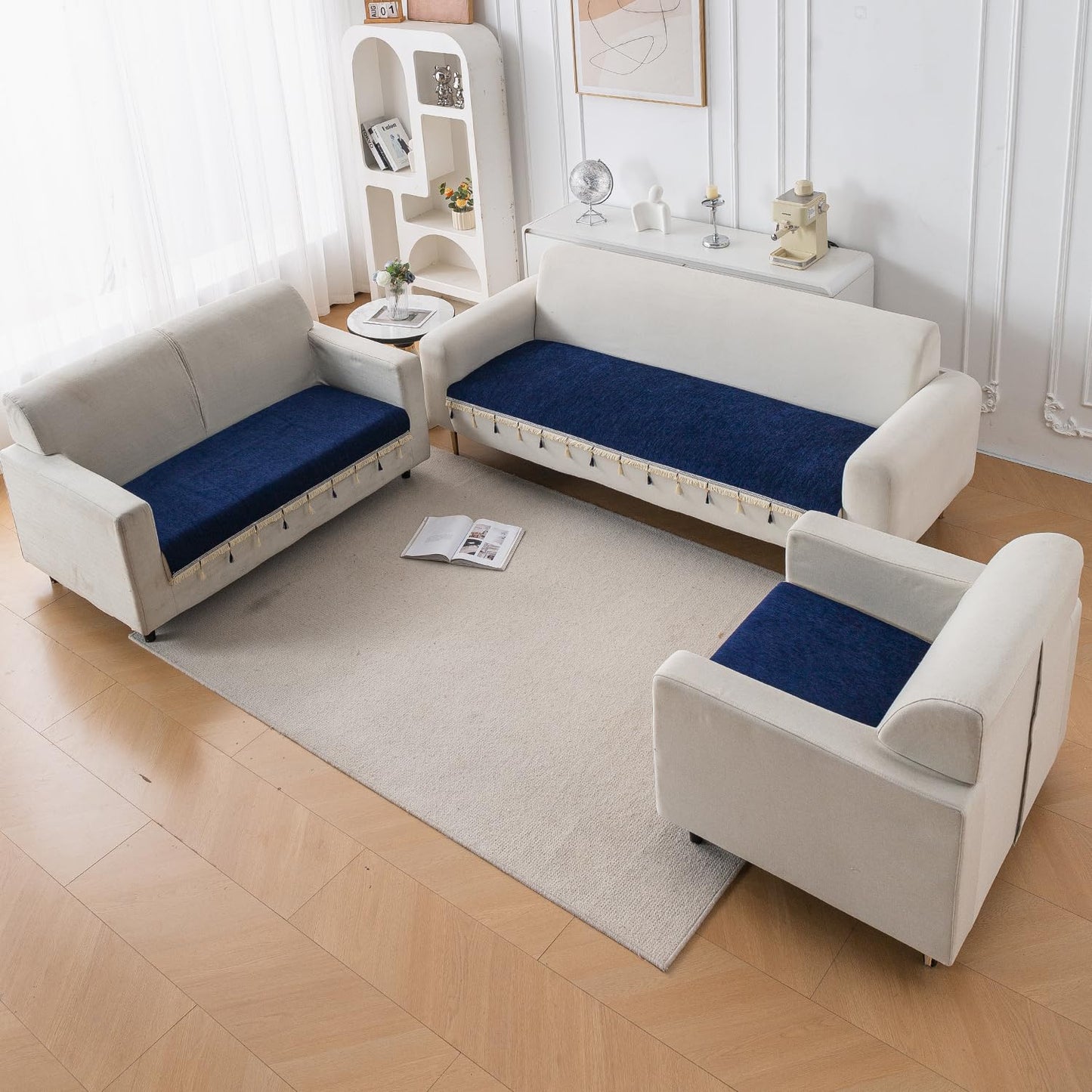 Serenity Tassel Chenille Sofa Cover with Tassel – Sapphire Navy
