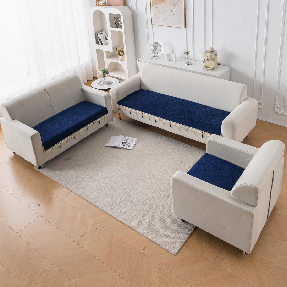 Serenity Tassel Chenille Sofa Cover with Tassel – Sapphire Navy