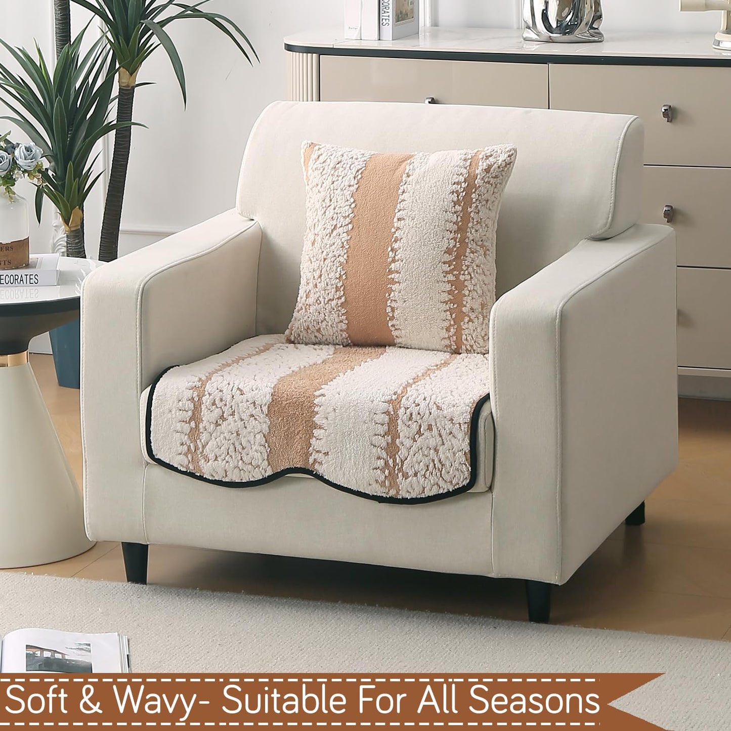 Luxury Wavy Anti Slip Plush Sofa Cover Mat, Desert Brown