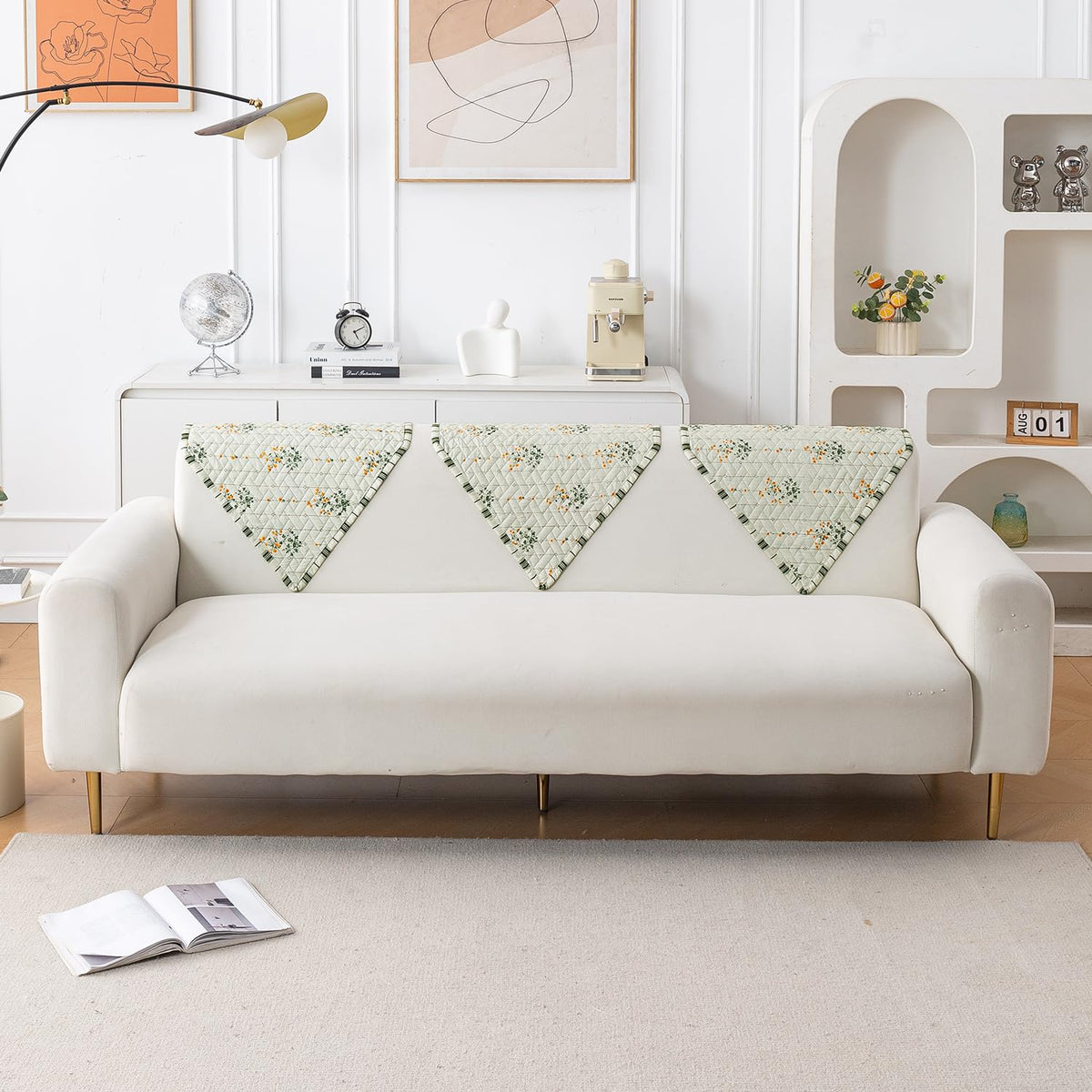 'Homehues' Printed Quilted Sofa Cover Mats, Light Green Ash Gypsy Flower