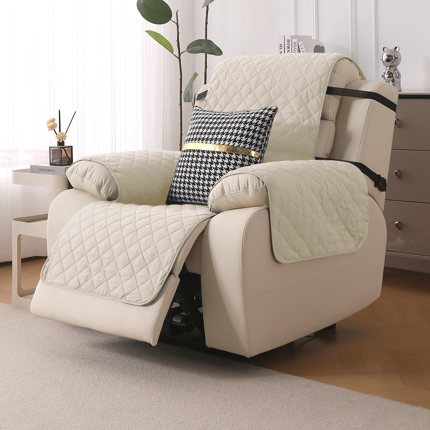 UrbanQuilt Recliner Sofa Slipcover Mat with Dual Belt for 1/2/3 Seater - Cream