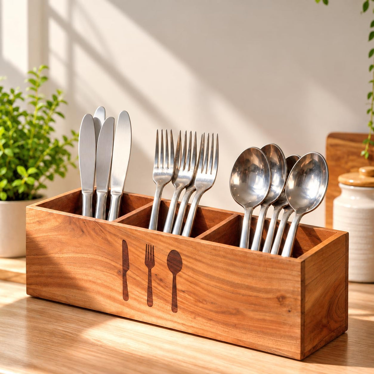 HOKIPO Arbor Acacia Wood Cutlery Holder, 3 Compartment Spoon Stand - image 1