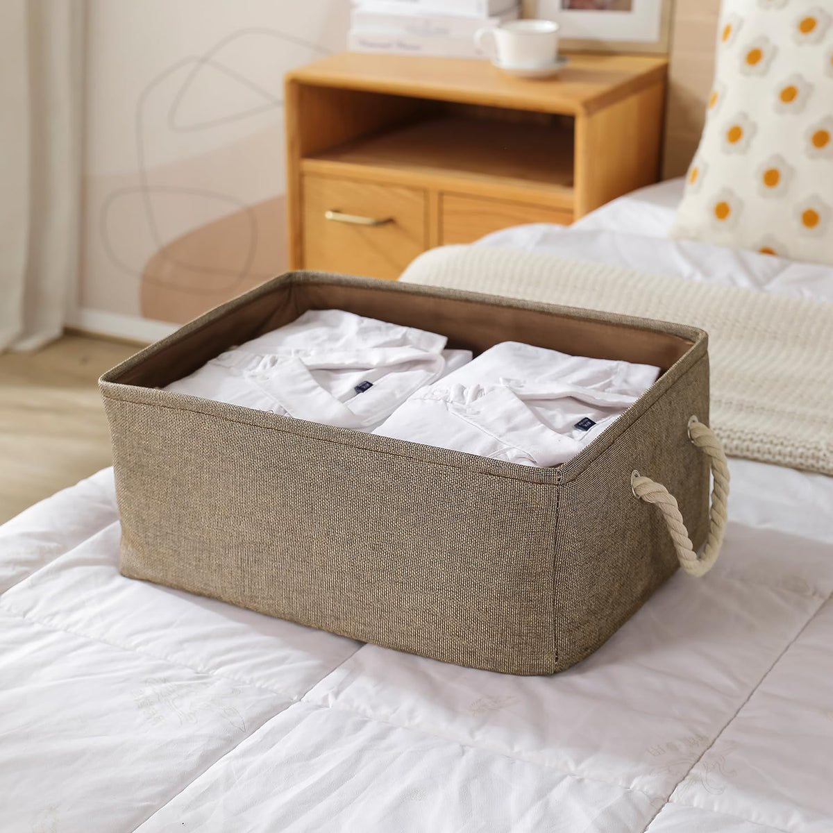 Jute Eco-Friendly Foldable Clothes Storage Basket Bin Organizer, Set Of 2, Large, Coffee Brown
