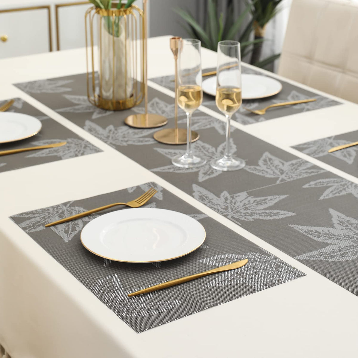 PVC Dining Table Mats, Grey Maple Leaf
