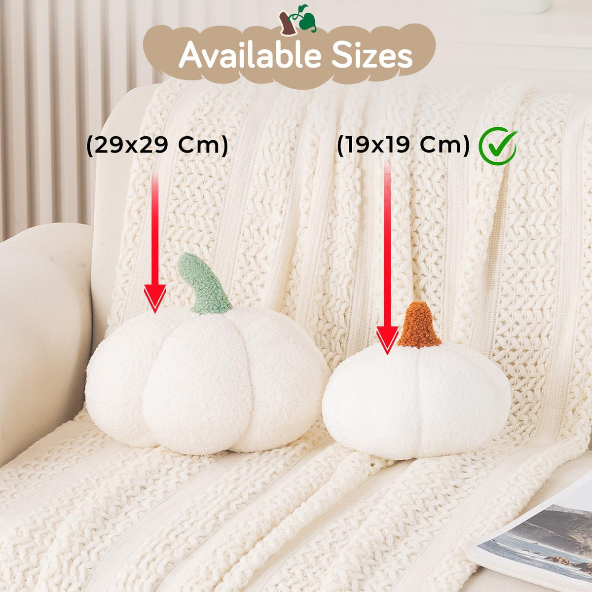 HOKIPO Pumpkin Shaped Plush Cushion for Autumn Decor, 19 cm, White