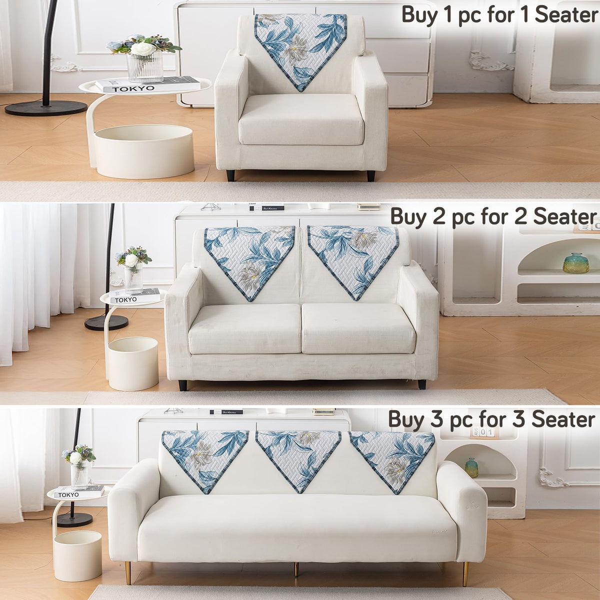 'Homehues' Printed Quilted Sofa Cover Mats, Celadon Blue Camellia