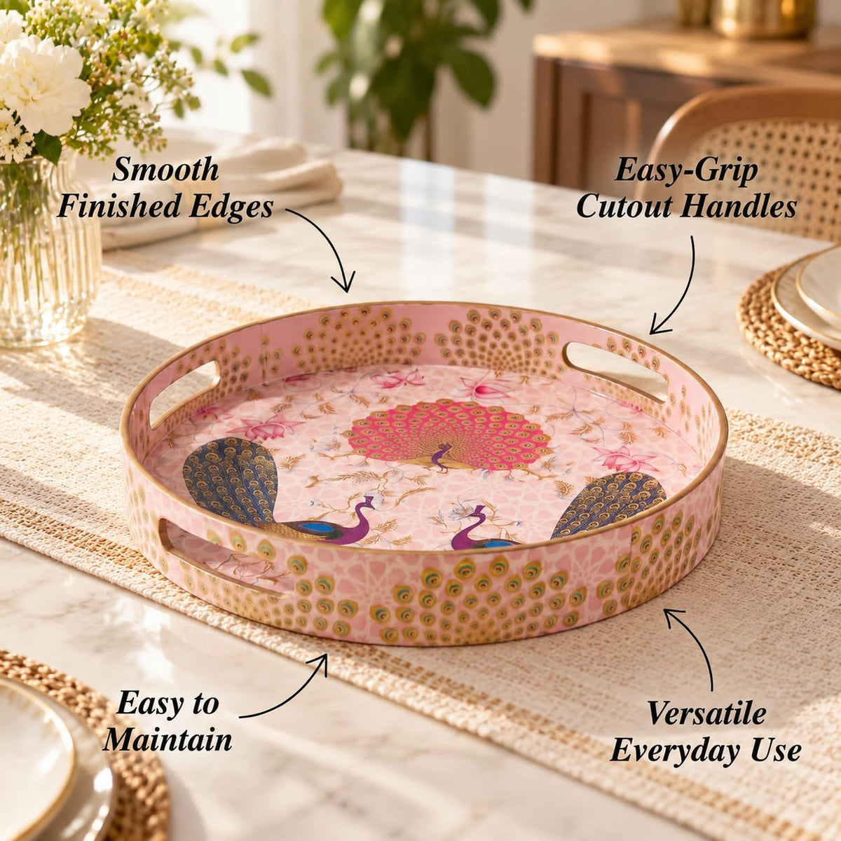 HOKIPO Round Serving Tray 12 in, Engineered Wood, Gulabi Mayurvan - image 8