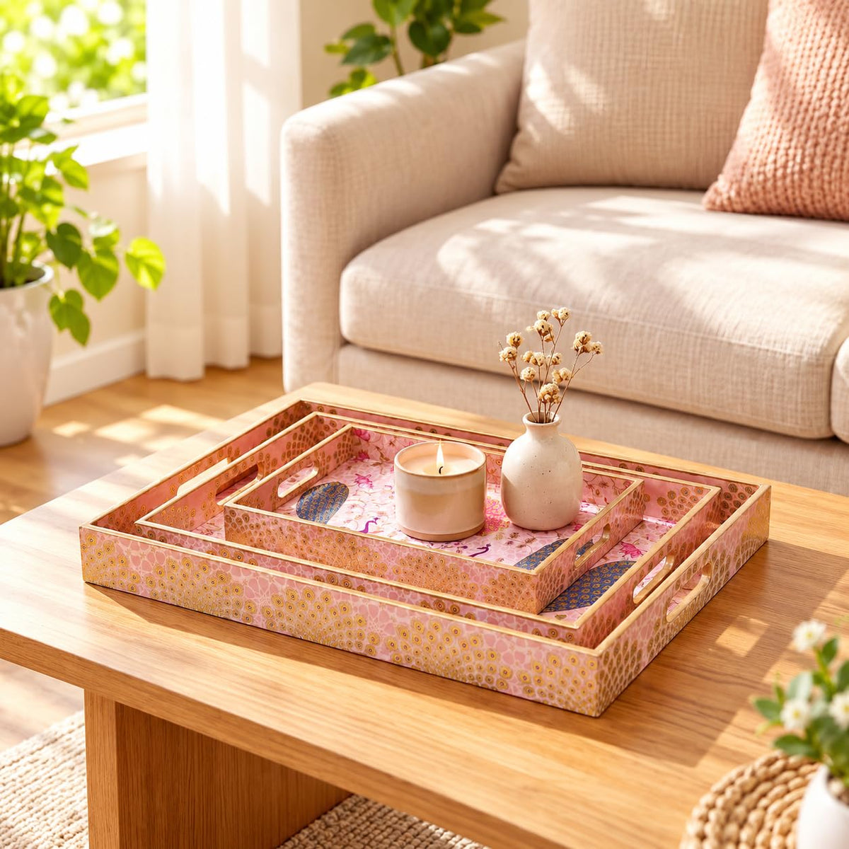 HOKIPO Serving Tray Set of 3, Engineered Wood, Gulabi Mayurvan - image 9