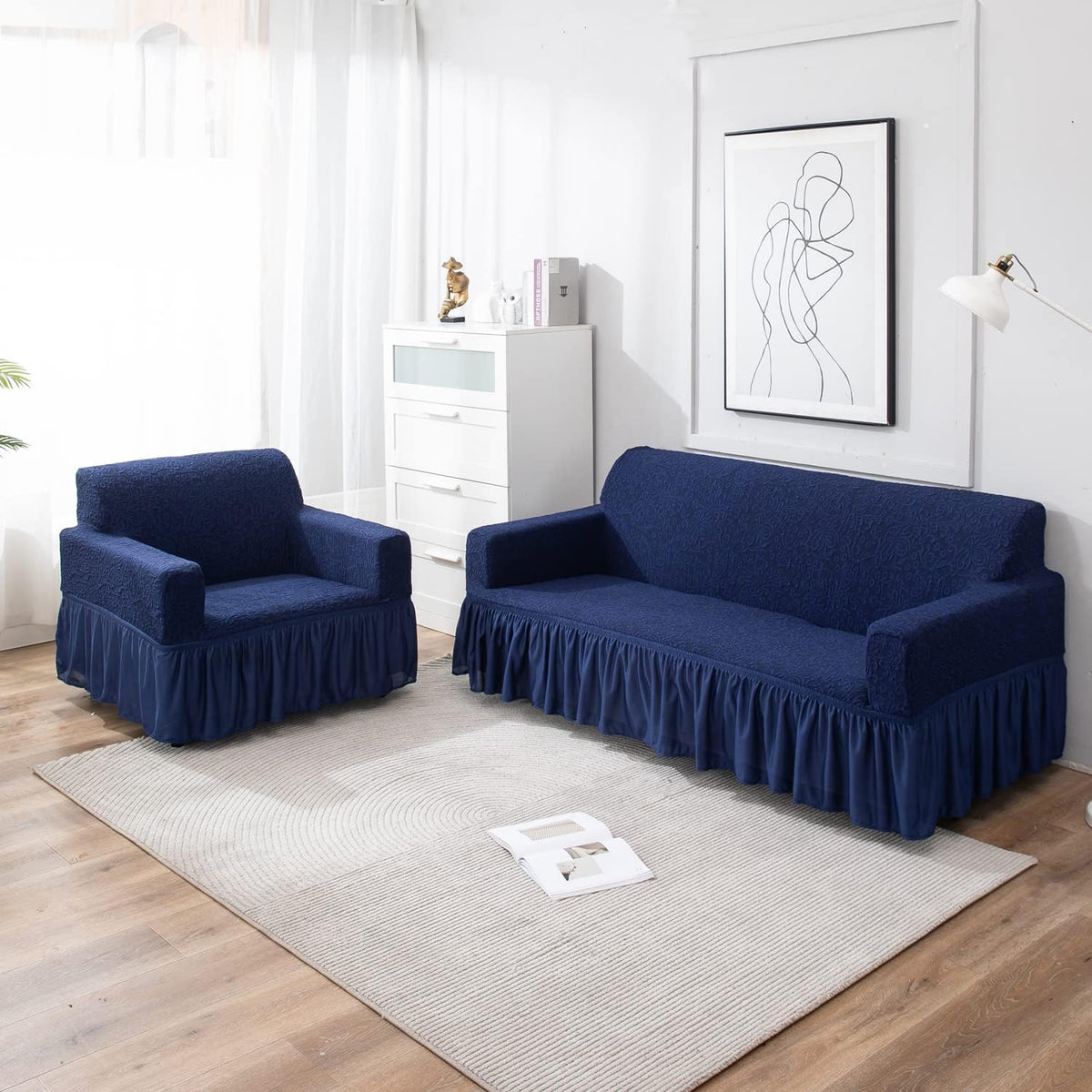 Navy Blue designer woven jacquard frill sofa cover 3 1 1