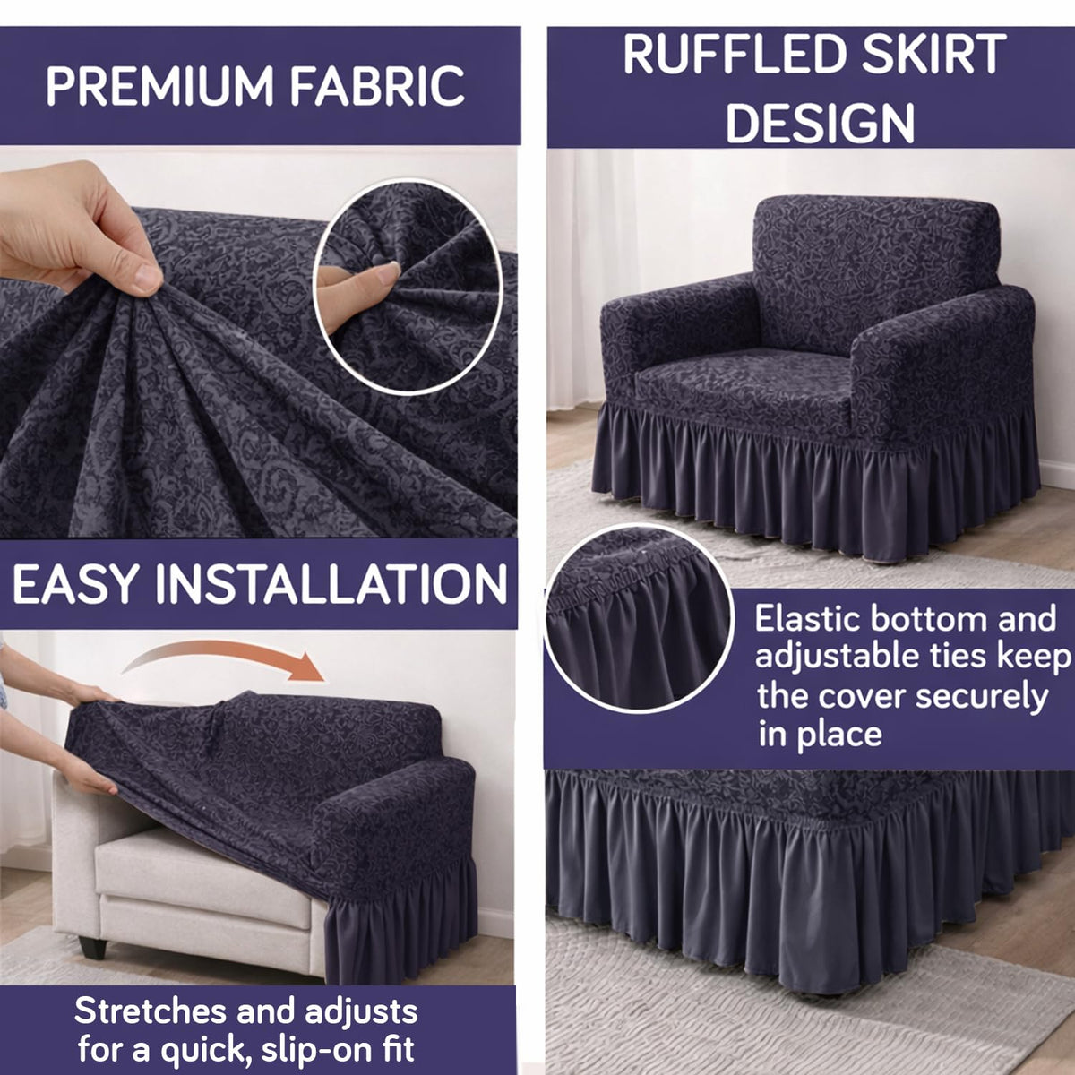 Elastic Stretchable Designer Woven Jacquard Sofa Cover with Frill, Abbey Grey