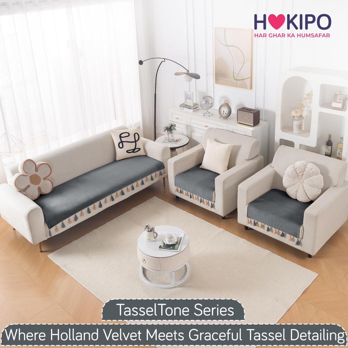 Premium Holland Velvet 5-Seater Sofa Cover (3+1+1), TasselTone Series | Graphite Grey