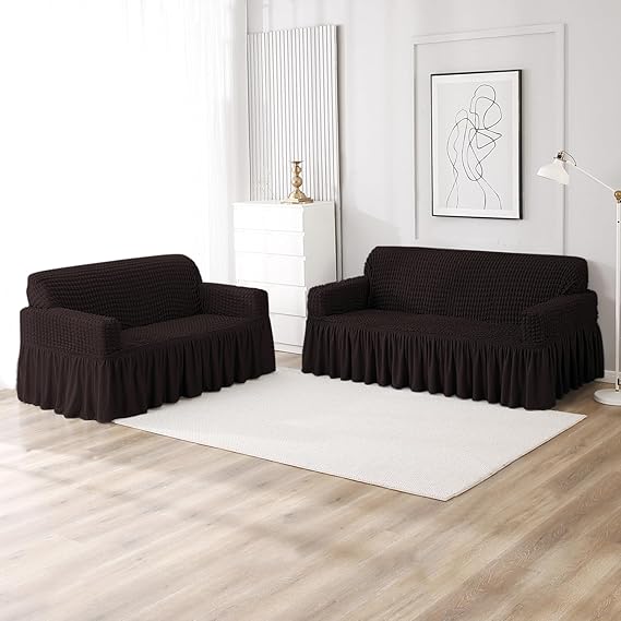 Dark Chocolate Elastic stretchable Turkish Bubble frill sofa cover for 3 2 seater​ sofa