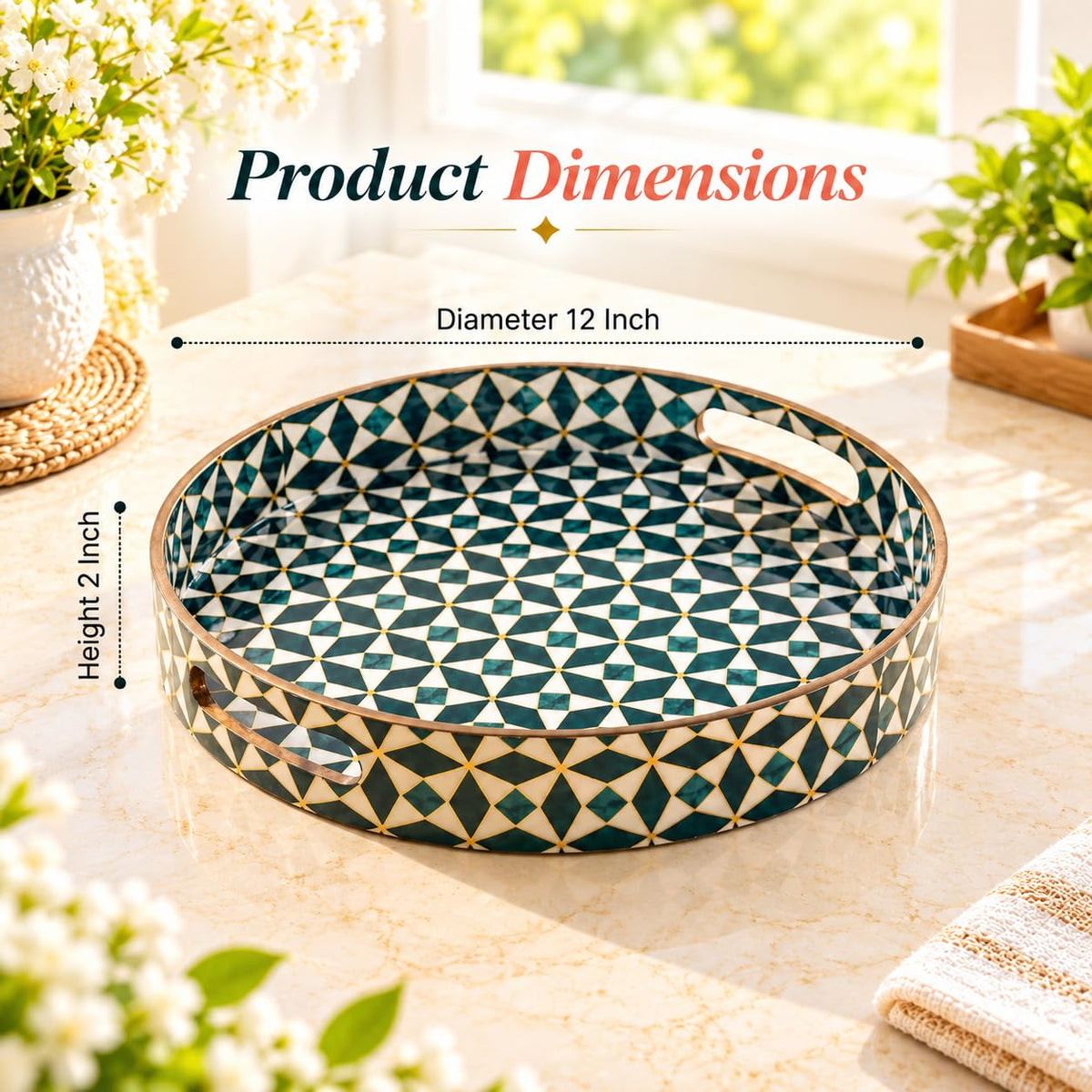 HOKIPO Round Serving Tray 12 in, Engineered Wood, Moroccan Prism - image 6