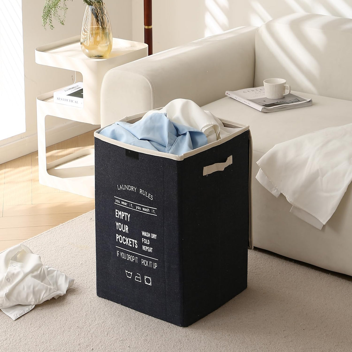 Foldable Laundry Basket for Clothes with Lid, Navy Blue