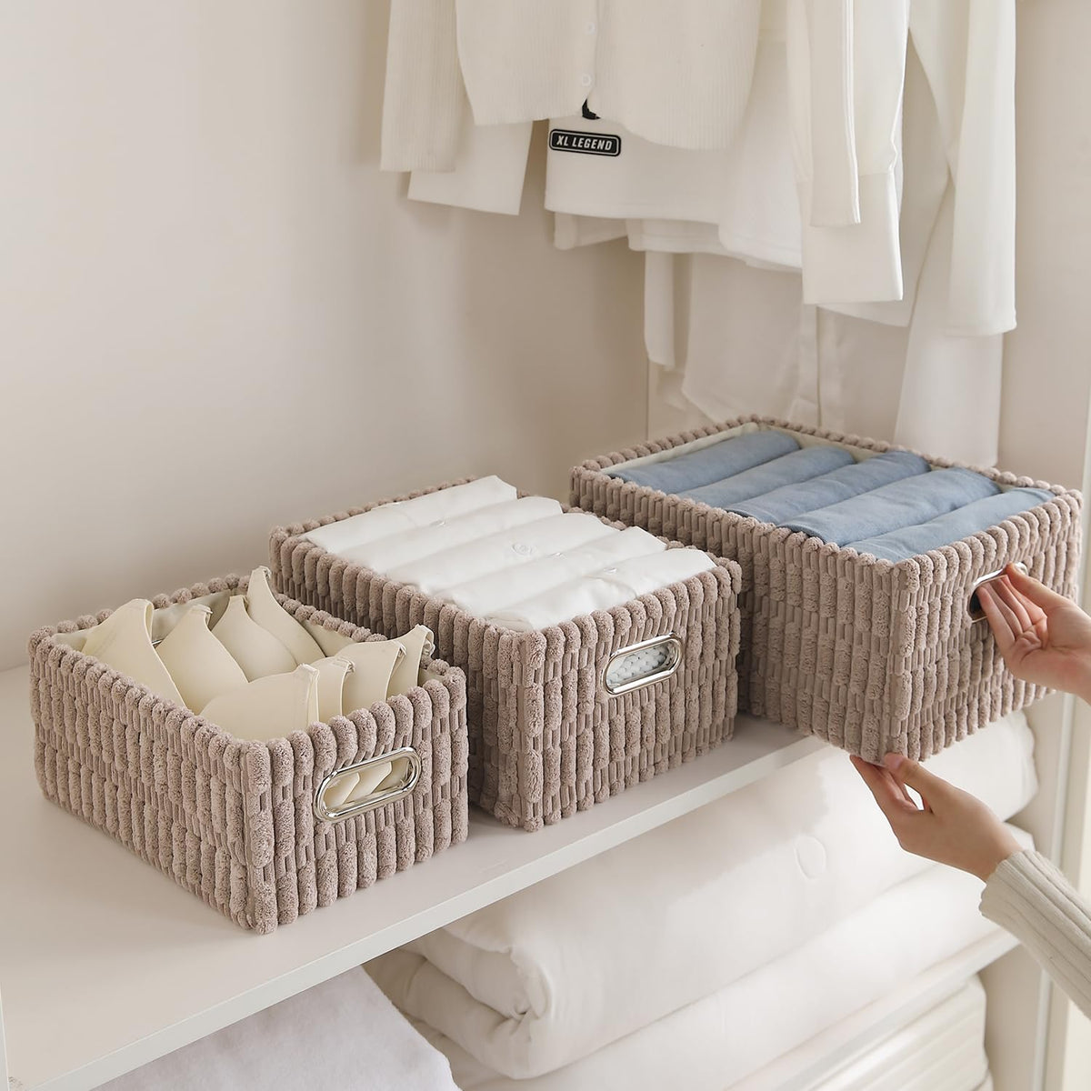 Plush Storage Organizer Baskets for Storage, Set of 3, Light Brown