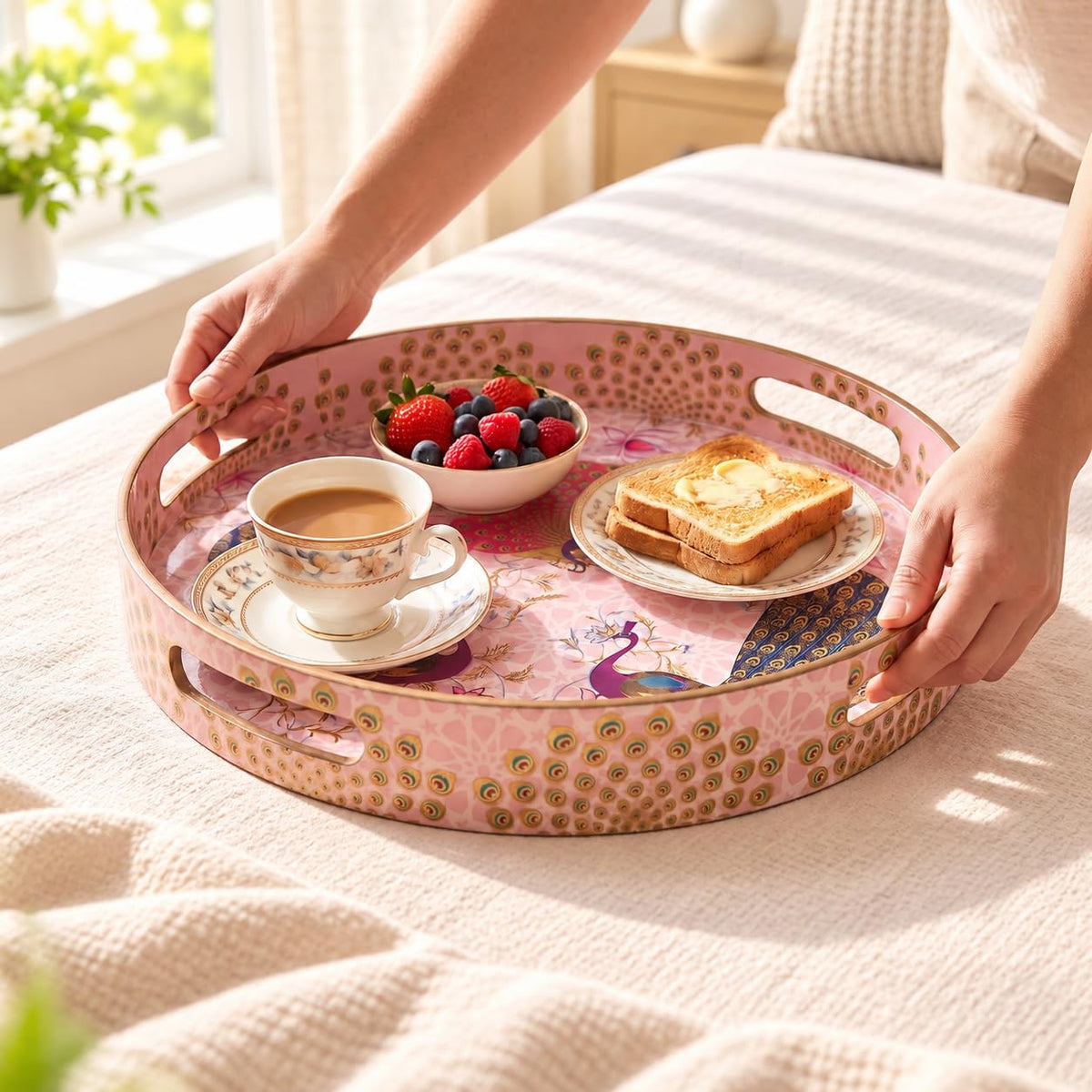 HOKIPO Round Serving Tray 12 in, Engineered Wood, Gulabi Mayurvan - image 9
